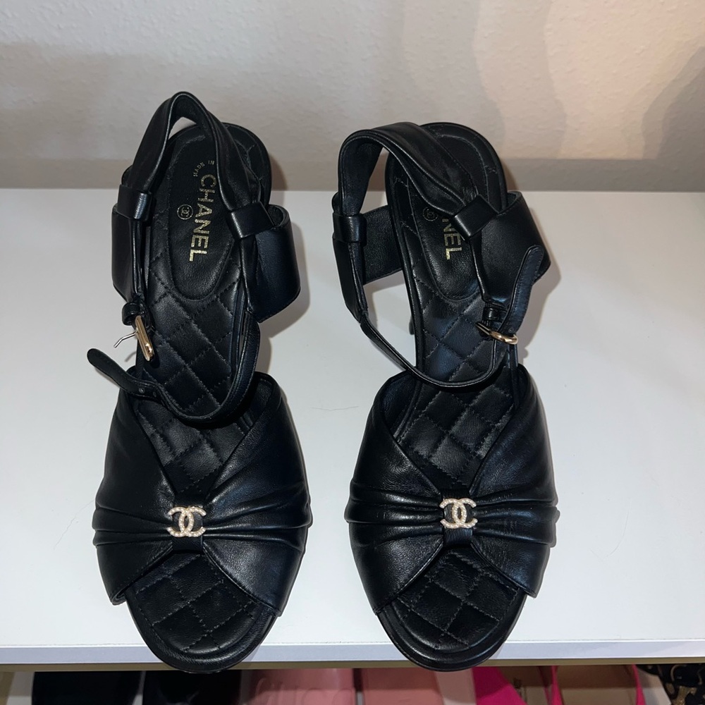 Chanel Black Quilted Leather open toe heels